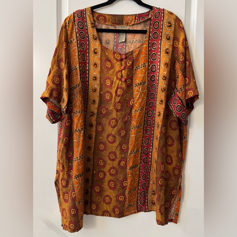 1AD3 - First Class 100% Rayon Brown Orange Geo Floral Princess Neckline Tunic